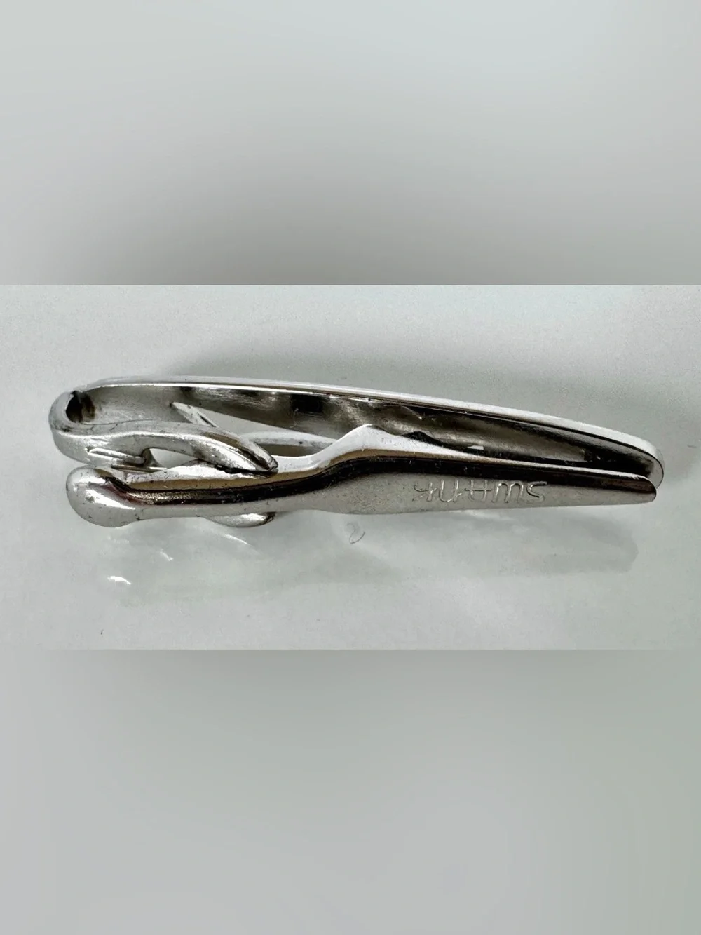 Swank Silver Tone Tie Bar Clip 1.5 Inch Metal Asymmetrical Signed Men's #1546